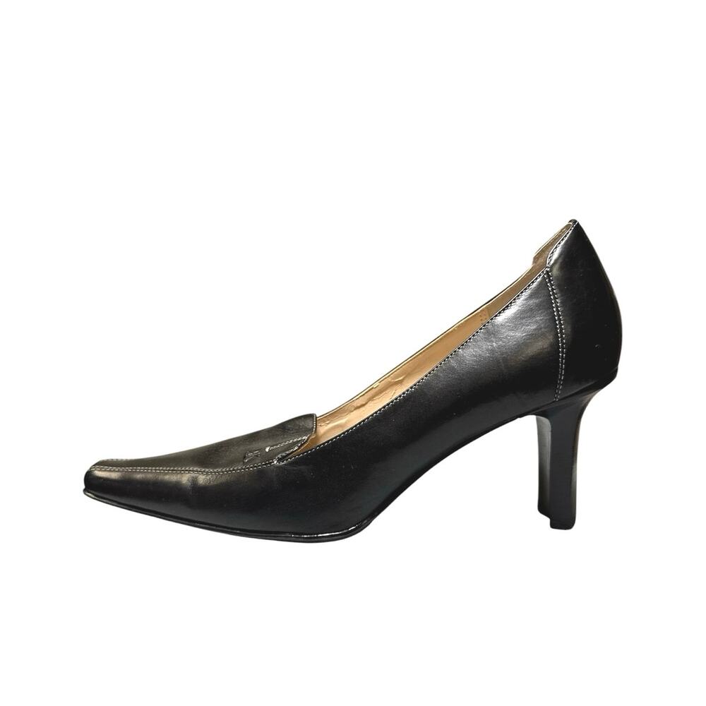 AK Anne Klein Women's Black Leather Slip On Square Toe Blook Heels Size 9M